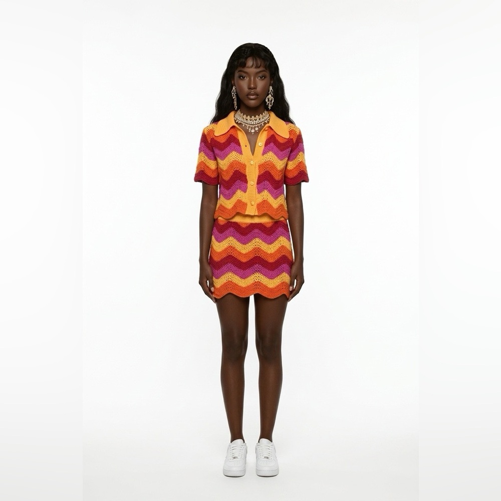 Chevron Knit Two-Piece Set in Orange, Pink & Red